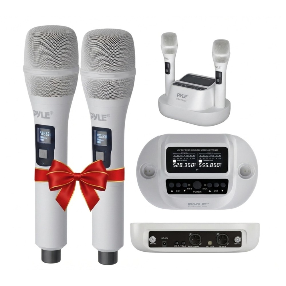 Pyle Karaoke Microphone Set Wireless Microphones with UHF 2×100 Channel Rece…