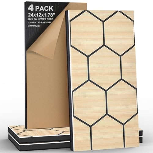 4Pack Acoustic Wall Panel Self-Adhesive 24×12×1.78″(Hexagon) Natural Oak Grain