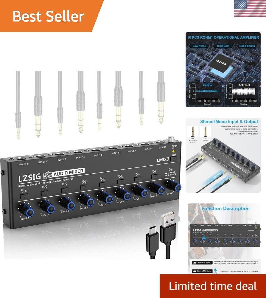 Audio Mixer, Stereo Line Mixer for Sub-Mixing, Ultra Low-Noise, 8-Channel, 1/…