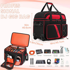 Rolling DJ Cable Bag with Wheels, DJ Gig Bag Case for Equipment with 15.6″ Lapto