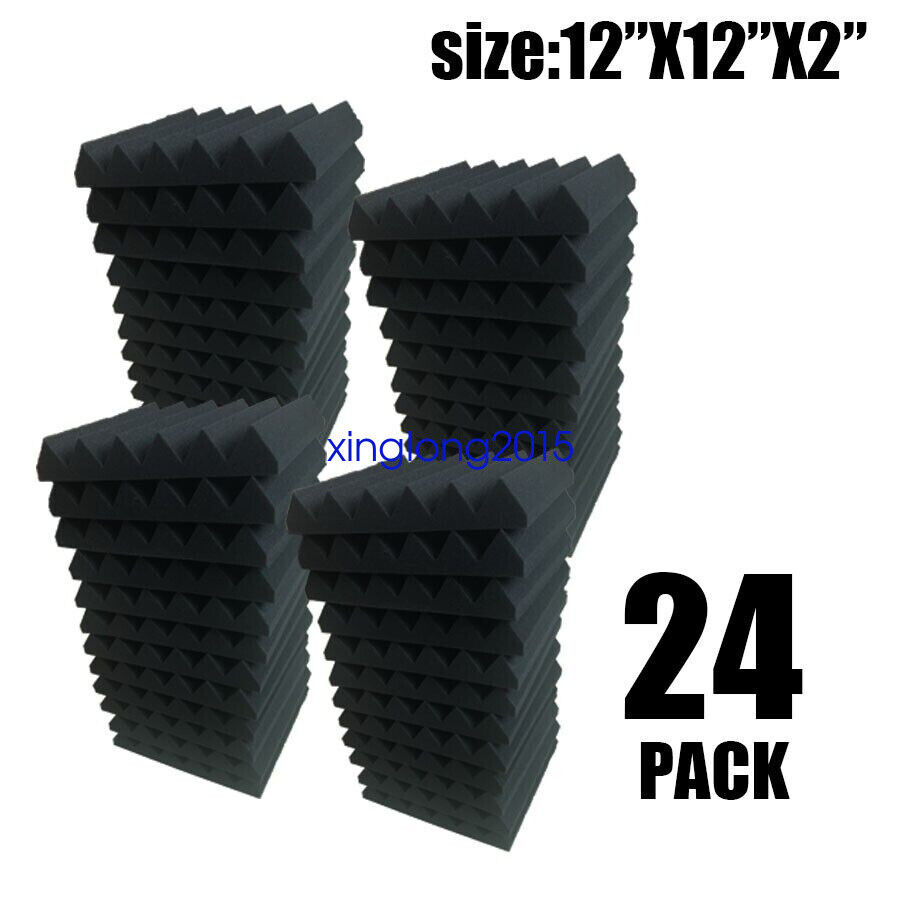 24 Pack Black 2″x12″x12″ Acoustic Grid Studio Foam Sound Absorption Wall Panels