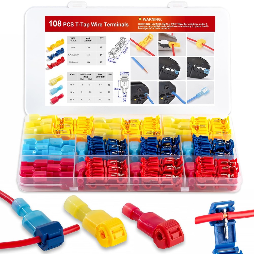 108 Pcs T-Tap Wire Connectors Kit, Quick Splice blue red yellow