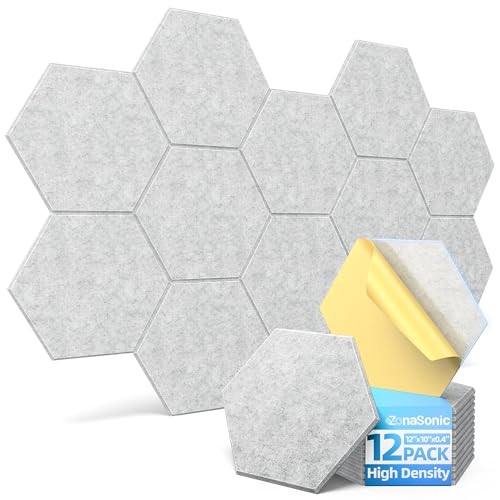 Acoustic Panels with Self-Adhesive, 12″ X 10″ X 0.4″ Sound 12 Pack Hexagon Gray