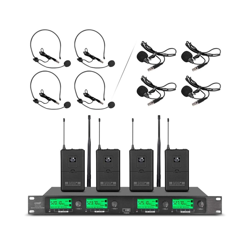 Wireless Microphone System Pro UHF 4 Channel 4 Lavalier Bodypacks 4 Lapel Mic…