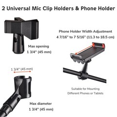 Microphone Boom Arm Stand w/ Dual Mic Clips Adjustable Tripod Phone Mount Holder