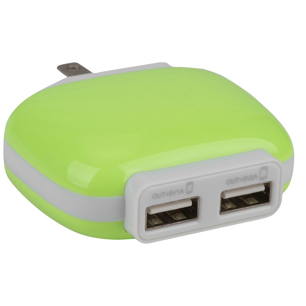 Reiko TC100 2A USB Power Adapter 2-Port 5 VDC Green
