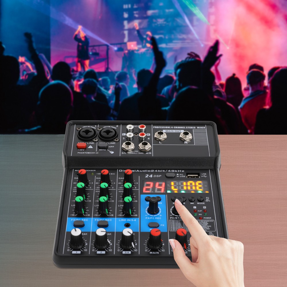 4-Channel Professional Audio Mixer with Bluetooth USB & DSP Effects 24-bit/48KHz