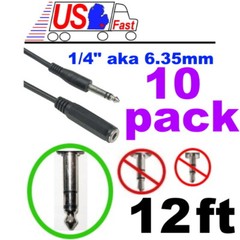 Lot10 12ft 1/4″ Stereo Male~Female Extension Audio/Headphone​/Mic Cable 6.35mm