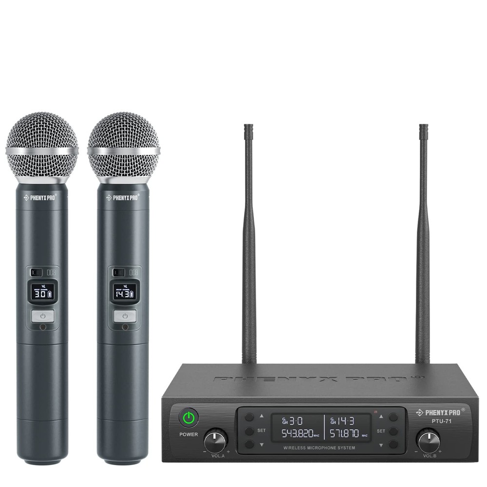 Phenyx Pro Wireless Microphone System, Dual Two Handheld Mics, Black