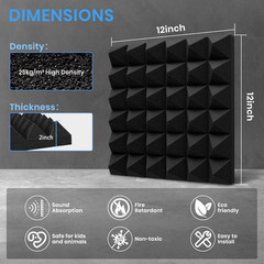 26 Pack Sound Proof Foam Panels for Walls, 12″ X 12″ X 2″ Pyramid Acoustic Foam