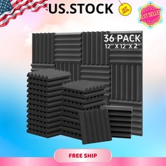 36 Pack 12x12x2in Acoustic Foam Panels Soundproof Wedge Studio Black