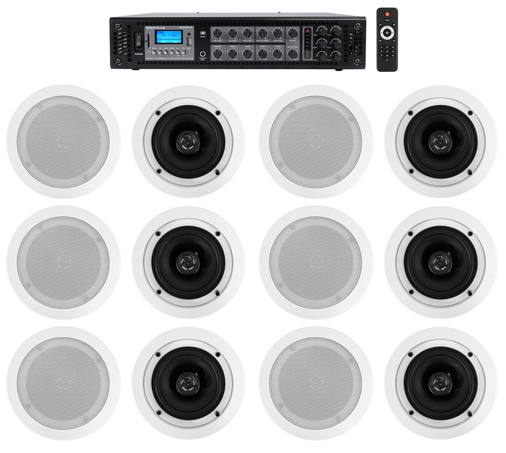 Rockville 6-Zone 70v Amplifier+(12) 5.25″ White 2Way Restaurant Ceiling Speakers