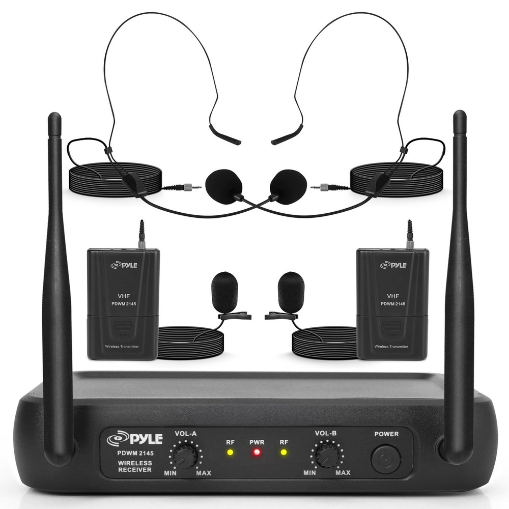Pyle Dual Channel Wireless Microphone System – VHF Fixed 3X12.8X10.8, Black