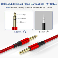 1/4 Inch TRS Instrument Cable 10Ft 2-Pack,Straight 6.35Mm Male Jack Stereo Audio