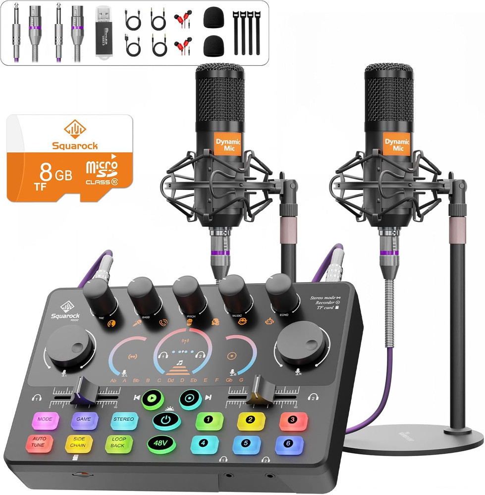 Podcast Equipment Bundle for 2, Audio Mixer with 8GB Memory Card and Dynamic Mic