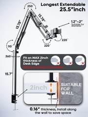Overhead Boom Arm Microphone Stand Desk Mount 360° Rotatable 25.5 Inch Reach Whi