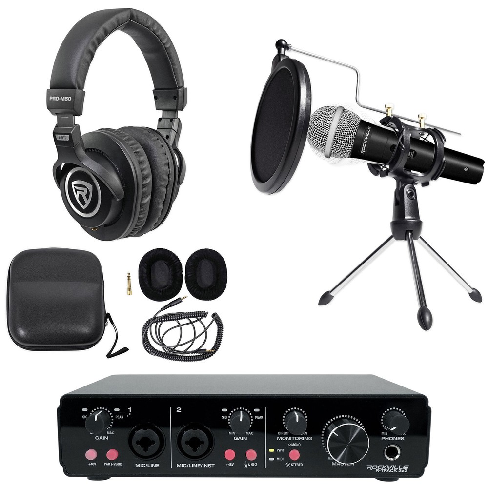 Rockville R-TRACK 2×2 USB Recording Interface+Mic+Stand+Pop Filter+Headphones