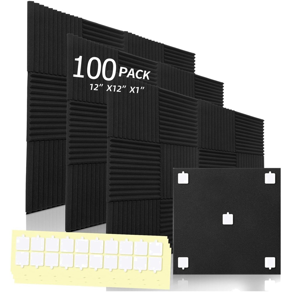Noise Reducing 100 Pack Acoustic Foam Panels, Adhesive Backed – 12×12 Inches