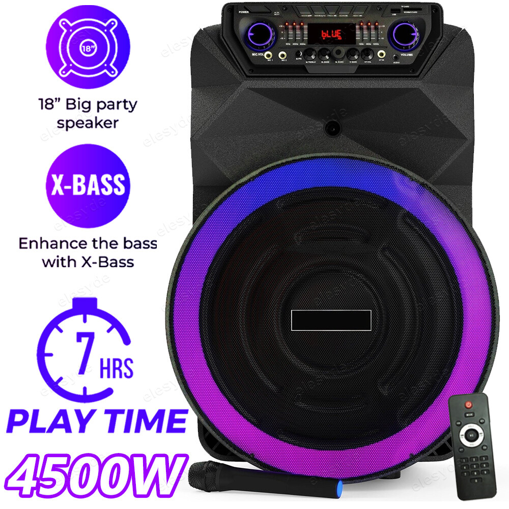 4500W Portable Party Speaker Deep Bass 18″Powerful Woofer Karaoke w/Mic+Remote