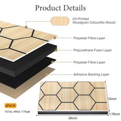 4Pack Acoustic Wall Panel Self-Adhesive 24×12×1.78″(Hexagon) Natural Oak Grain