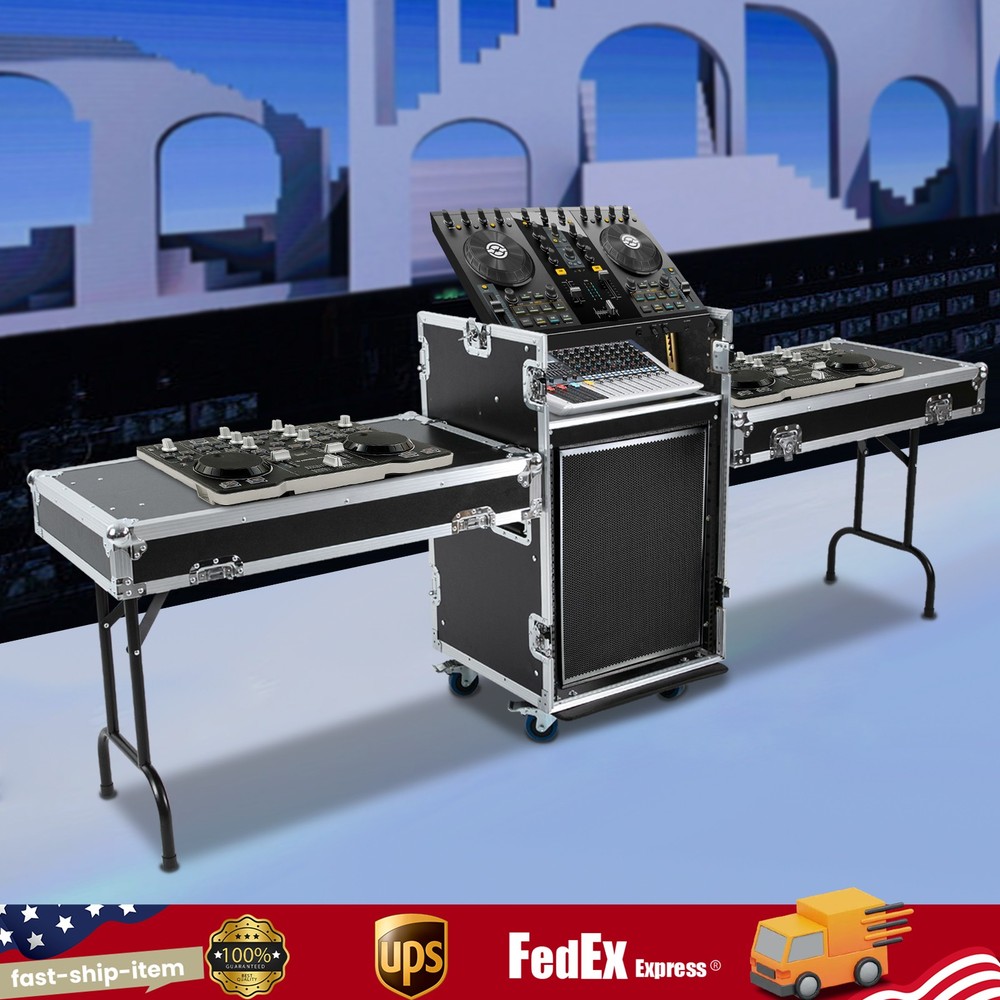 14U PA DJ Rack DJ Cabinet with 2 Table Tops Network Pro Stereo Rack with 4 Wheel