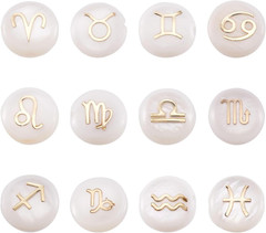 24pcs 12 Constellation Shell Beads 8mm Natural Freshwater Shell Zodiac Sign Flat