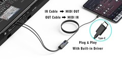USB~C MIDI Interface Cable, In/Out, iOS/Android, Mac/Windows, 6.5ft