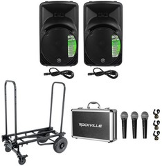 2) Mackie SRM450V3 SRM450-V3 1000w 12″ Powered Speakers+Transport Cart+3) Mics