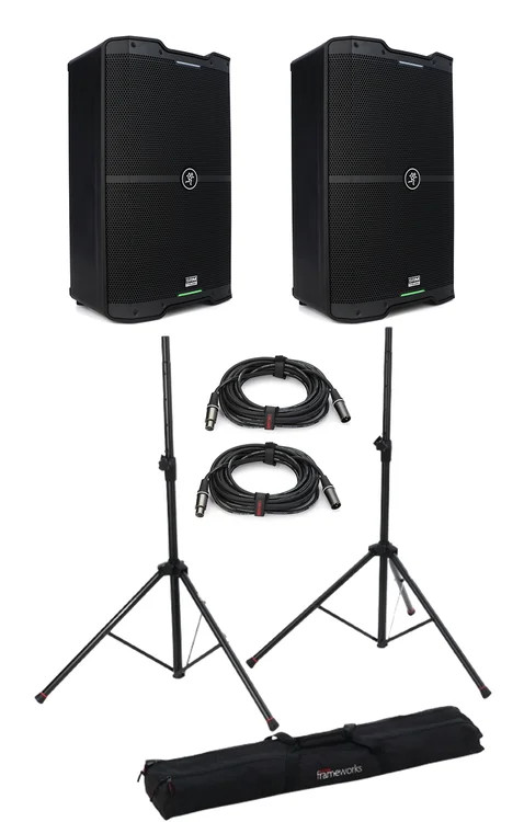 Mackie SRM210 V-Class 2000W 10 inch Powered Speaker Pair and Stand Bundle