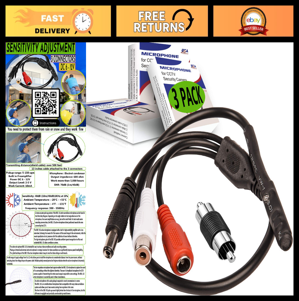 CCTV Microphone with Preamp & RCA Audio Out, Adjustable Gain for DVR/NVR & IP Ca