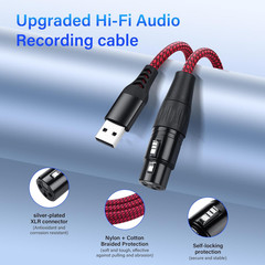 XLR to USB Microphone Cable 3-Pin Female USB-A Adapter 2M/6.5Ft Braided Audio