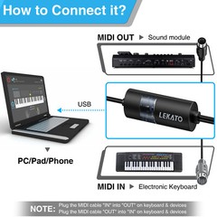 New USB IN-OUT MIDI Interface Cable Converter to PC Music Keyboard Adapter Cord