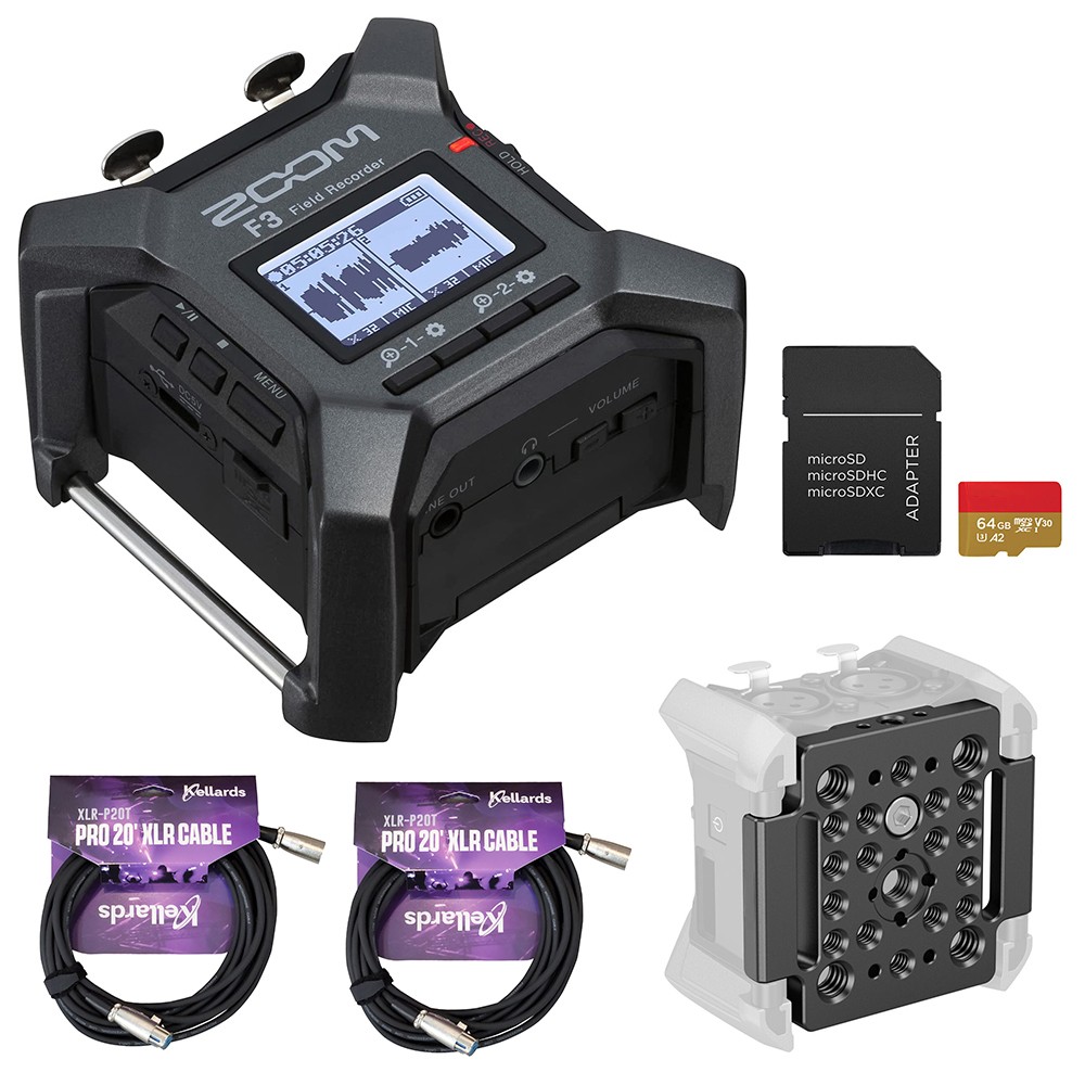 Zoom F3 Multitrack Portable Field Recorder w/ Card, Mount Plate & Cable Bundle