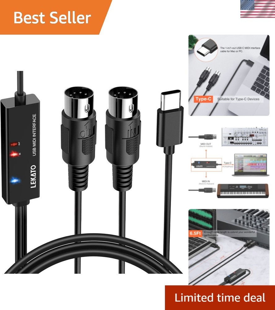 MIDI Cable, MIDI to USB C, Type-C MIDI Interface with Input & Output Connecti…