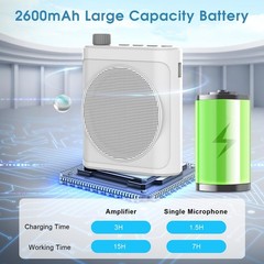15W Wireless Voice Amplifier with 2 Magnetic Lavalier Mics & Noise White