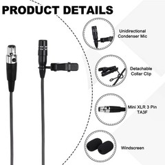 Lavalier Lapel Microphone, Mini XLR 3 Pin TA3F, 1m Wired Unidirectional Mic