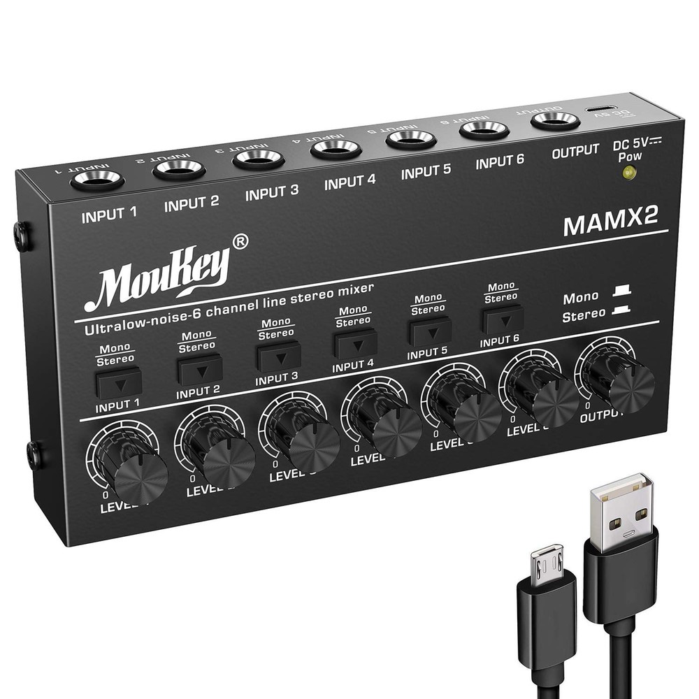 Moukey Audio Mixer, DC 5V, 6 Stereo Ultra, Low Noise 6 Medium (6-channel)