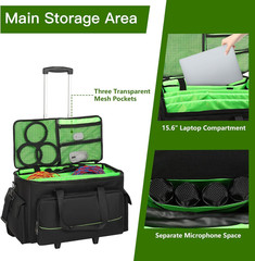Large Rolling DJ Cable Bag, Green Padded Gig Bag with Detachable Trolley & Divid