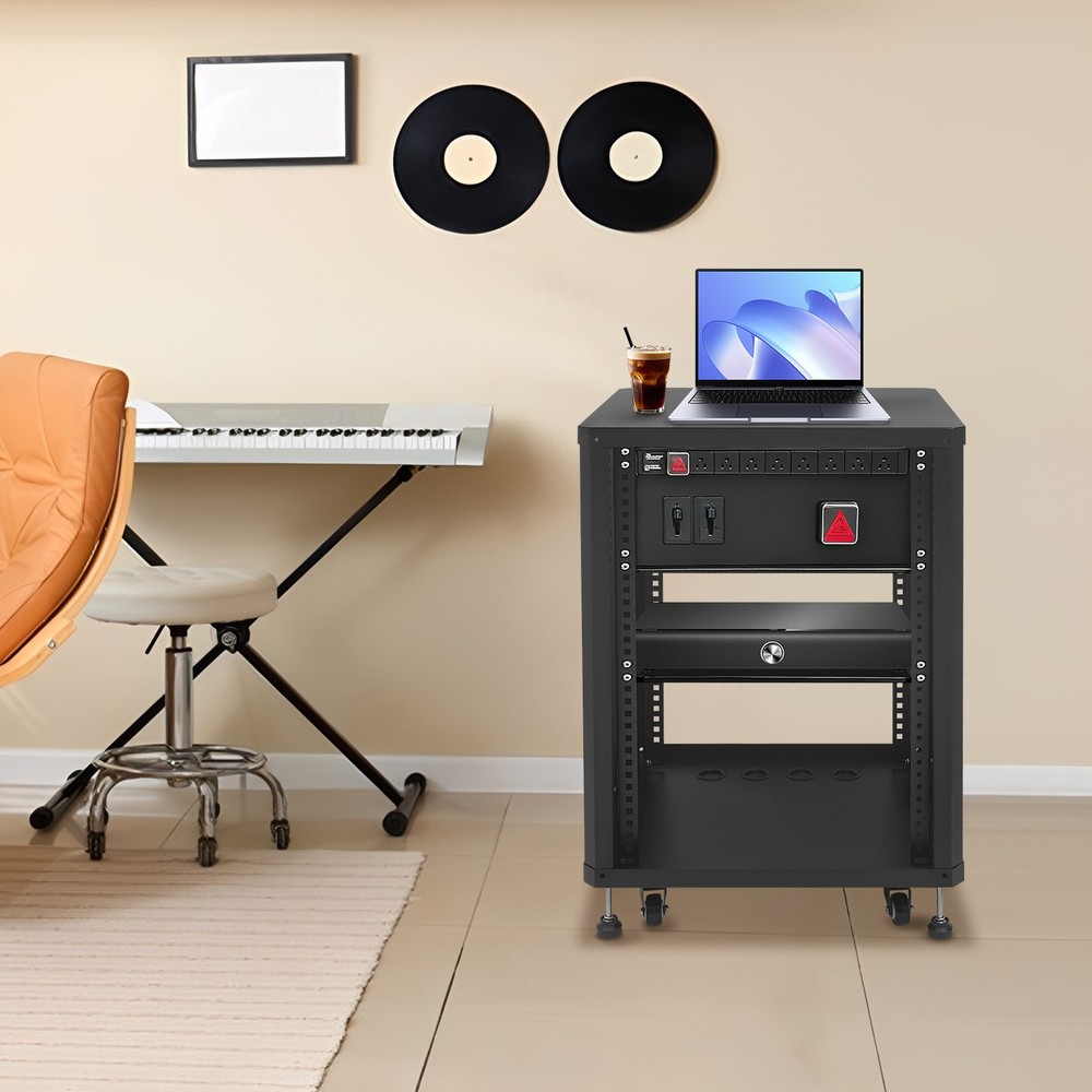 15U Audio Equipment Rack, Carbon Steel, 300 lbs Capacity, 19.8×22.4×28.7 Inch,