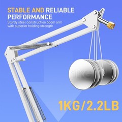 Boom Arm Microphone Stand, BA20 White, Adjustable, 1KG Load, Desk Clamp, Adapter