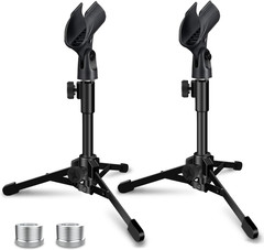 2 Pack Desktop Mic Stand, Portable Foldable Tripod with Mic Clip Holder, Adjusta