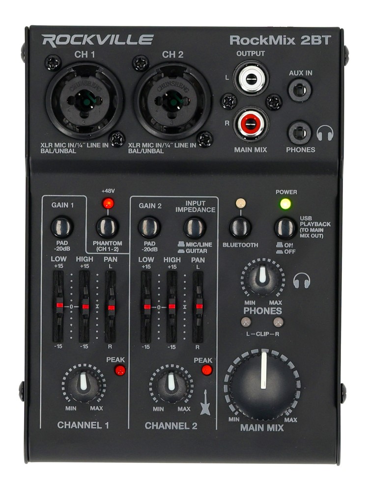 Rockville RockMix 2BT 2 Channel USB Interface Mixer, 2-way Bluetooth For Podcast