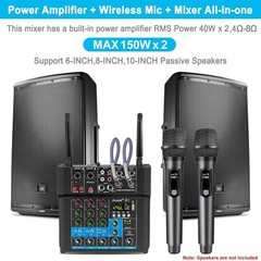 150W x2 Powered Amplifier Audio Mixer,4 Channel with Dual Wireless Mic Sound …