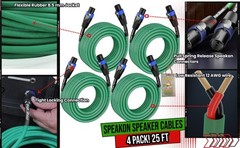 25FT Speaker Cords Speakon Cables FAT TOAD (4 PACK) | Twist Lock Connector Plug