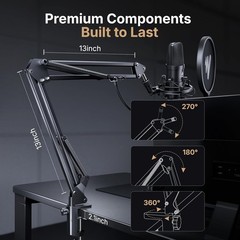 Plug and Play 192kHz Microphone Bundle with Adjustable Boom Arm and Headphones