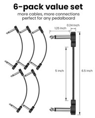 6 Pack 5in Guitar Patch Cables 1/4" Ts Right Angle Low Profile Pedalboard �