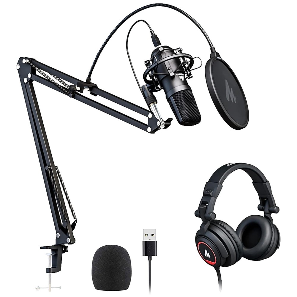 Plug and Play 192kHz Microphone Bundle with Adjustable Boom Arm and Headphones