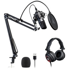 Plug and Play 192kHz Microphone Bundle with Adjustable Boom Arm and Headphones