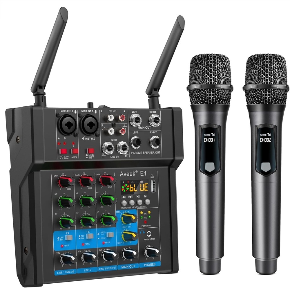 150W x2 Powered Amplifier Audio Mixer,4 Channel with Dual Wireless Mic Sound …
