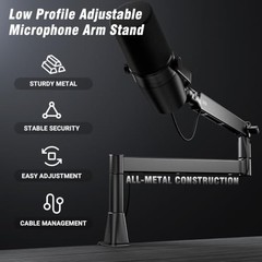 BASN Low Profile Microphone Boom Arm Stand with Desk Clamp – Rotatable &